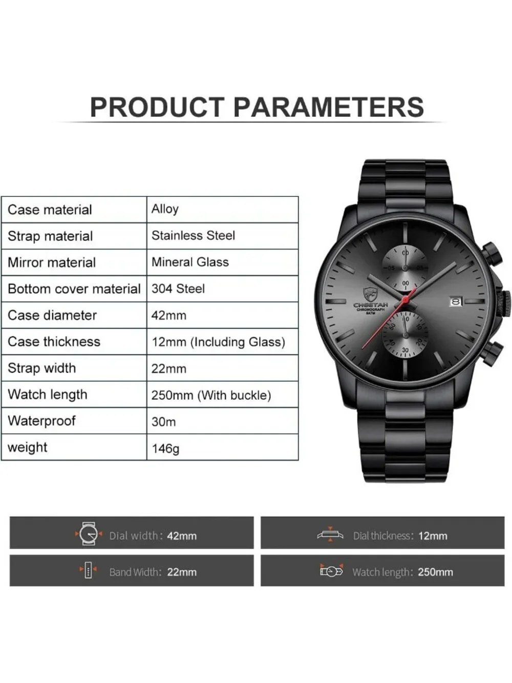Mens Black Red Classic Stainless Steel Waterproof Chronograph Quartz Round Watch